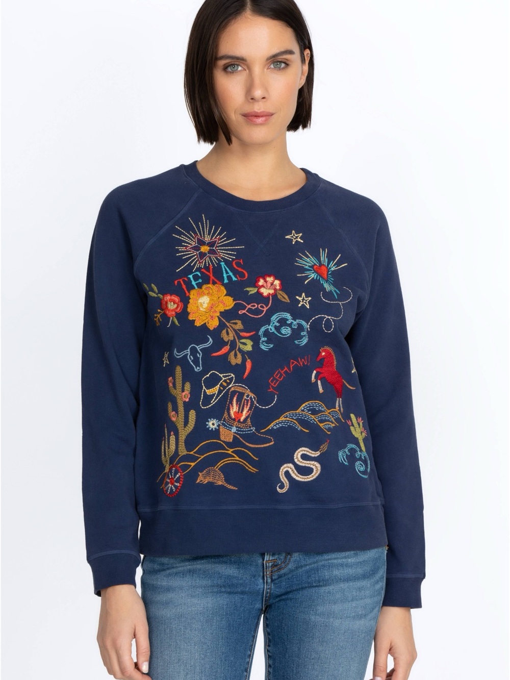 Johnny Was Embroidered Navy Texas Raglan Sweatshirt Small